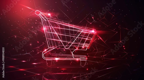 Shopping cart for groceries from futuristic polygonal red lines and glowing stars for banner, poster, greeting card. Generated AI photo