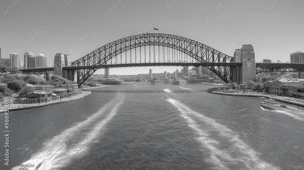 Iconic bridge spanning a river with city skyline in the background. Iconic bridge spanning a river with city skyline in the background.