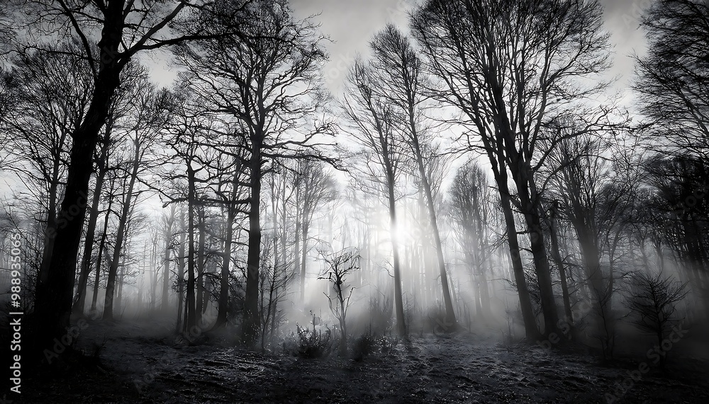 Haunting Halloween Scene of a Scary Forest with a Beautiful Sunset Fading Into the Fog, Rendered in Black and White Watercolor, Creating a Mysterious and Eerie Atmosphere with Twisted Trees and Silhou Haunting Halloween Scene of a Scary Forest with a Beautiful Sunset Fading Into the Fog, Rendered in Black and White Watercolor, Creating a Mysterious and Eerie Atmosphere with Twisted Trees and Silhou