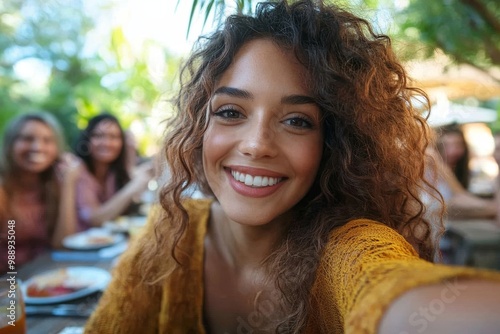 Happy woman taking selfie with her dog during summer day on beach, Generative AI