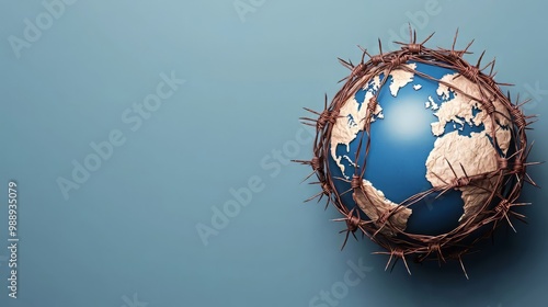 A globe encircled by thorny branches, symbolizing struggle and resilience in a world facing challenges.