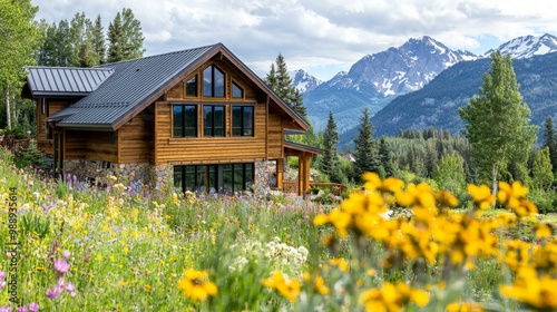 Charming wooden house surrounded by vibrant flowers and scenic mountains.