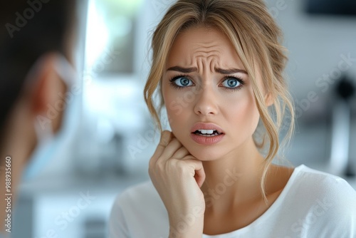 Young woman with toothache talks to her dentist during appointment at dental clinic, Generative AI