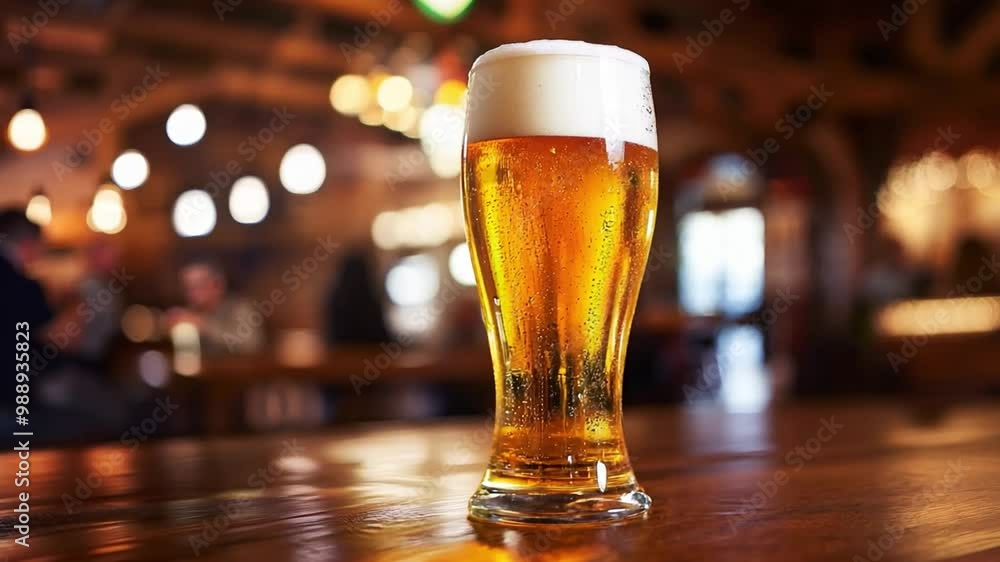 A cold glass of beer sits on a wooden table in a vibrant pub with a warm atmosphere during the evening hours A cold glass of beer sits on a wooden table in a vibrant pub with a warm atmosphere during the evening hours