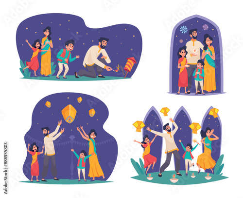 Diwali. Traditional indian characters celebrate diwali festival of lights exact vector cartoon illustrations set