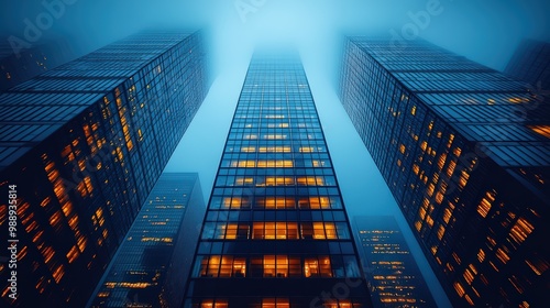 Low-angle view of luxury business office buildings with sleek glass facades, captured during the blue hour in the city center