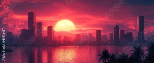 dreamy retrofuturistic cityscape at sunrise featuring neonhued skyscrapers and swaying palm trees vibrant colors and nostalgic atmosphere evoke synthwave aesthetic photo