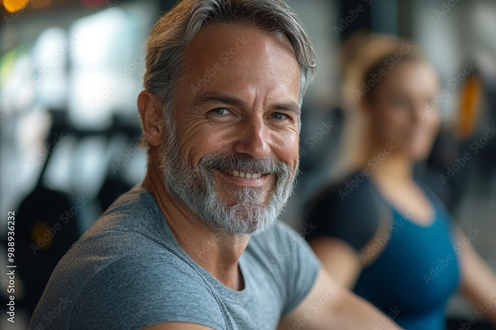 Happy mature man working out on rowing machine while having exercise class with coach in gym, Generative AI Happy mature man working out on rowing machine while having exercise class with coach in gym, Generative AI