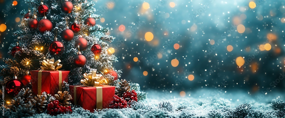 A decorated Christmas tree with red baubles, lights, and presents in a snowy winter landscape. A decorated Christmas tree with red baubles, lights, and presents in a snowy winter landscape.