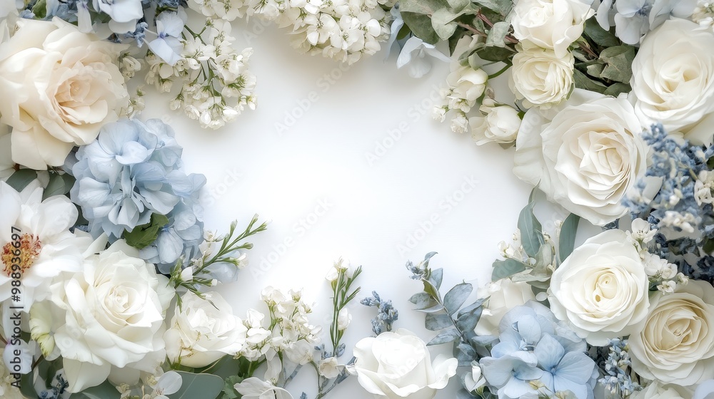 A floral arrangement featuring white and blue flowers framing a blank space. A floral arrangement featuring white and blue flowers framing a blank space.
