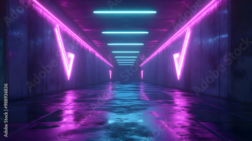 Neon Lights in a Wet Corridor 3D Illustration