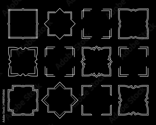 Set of 12 frames. The contour is double. Grunge style.