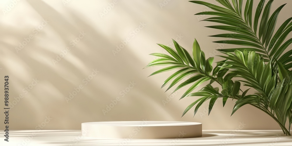 Minimalist 3D Podium with Palm Leaf Background Minimalist 3D Podium with Palm Leaf Background