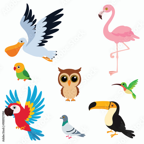Set of cute birds cartoon isolated on white background
