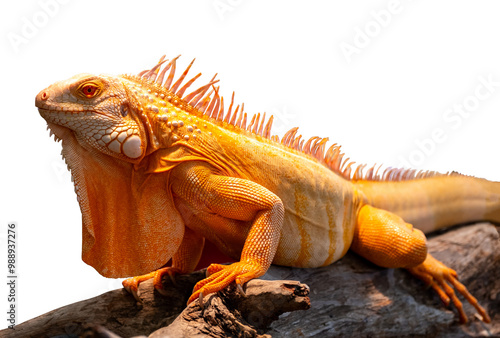 Portrait side view of a gold chameleon, Chamaeleo calyptratus on dry tree branch, isolated on transparent background, PNG File photo