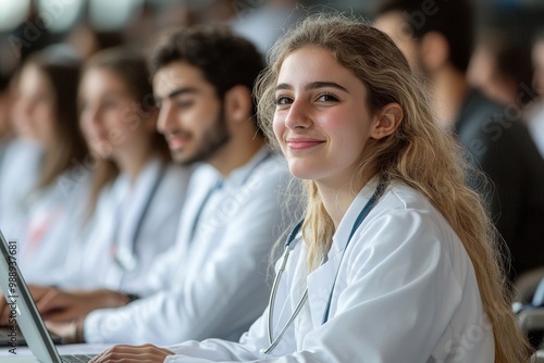 Group of happy medical students using laptop while learning in amphitheater, Generative AI