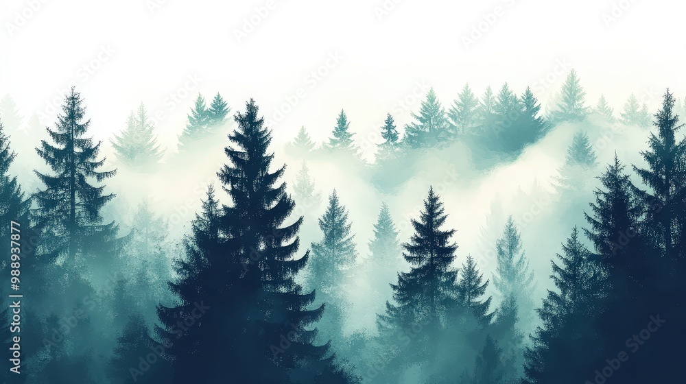 Fototapeta premium Serene Minimalist Vector Illustration of Foggy Spruce Forest Close-Up Viewing with Elegant Design, Isolated on White Background
