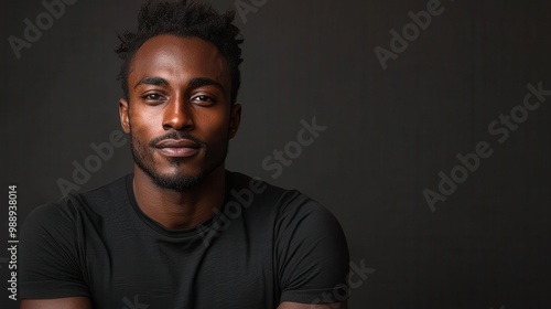 african american man in black tshirt confident pose studio lighting minimalist background for mockup