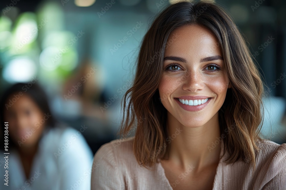 Happy businesswoman having meeting with coworkers in office and looking at camera, Generative AI Happy businesswoman having meeting with coworkers in office and looking at camera, Generative AI