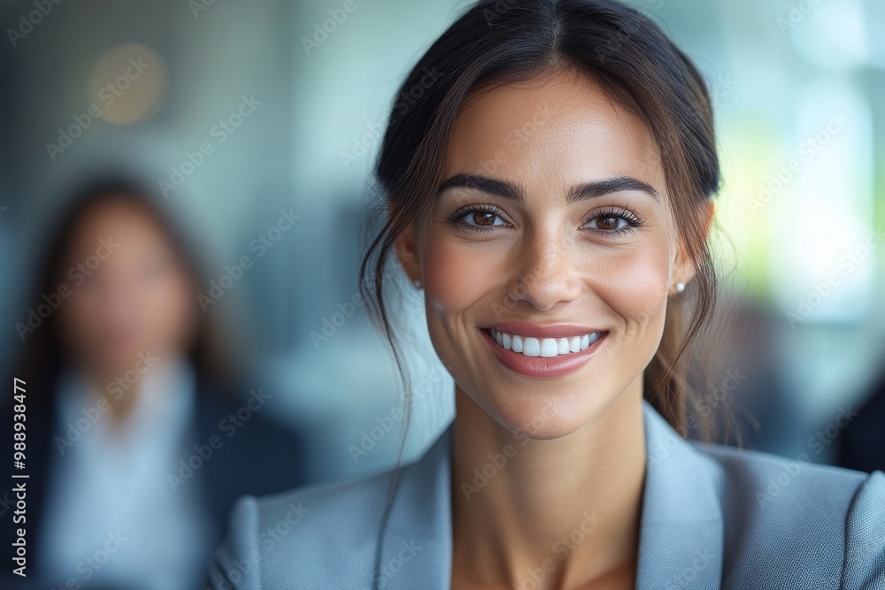 Fototapeta premium Happy businesswoman having meeting with coworkers in office and looking at camera, Generative AI