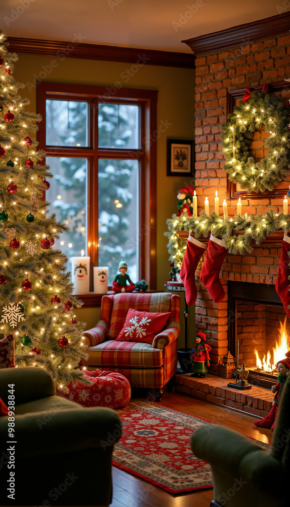 Cozy living room decorated for Christmas with a tree, stockings on the fireplace, and candles glowing warmly. Festive atmosphere perfect for holiday celebrations and seasonal joy.
Cozy living room decorated for Christmas with a tree, stockings on the fireplace, and candles glowing warmly. Festive atmosphere perfect for holiday celebrations and seasonal joy.