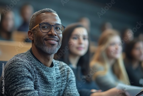 Mature students learning with help of African American teacher in lecture hall, Generative AI