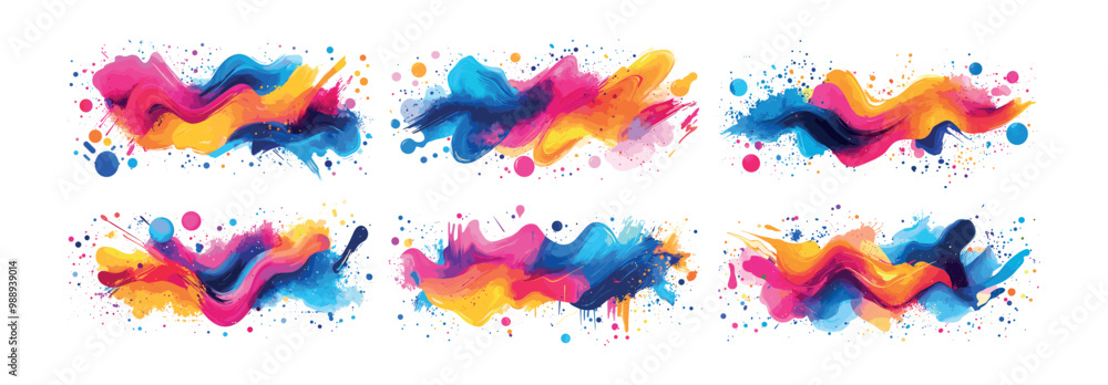 Abstract surge ripple colored splatter brush strokes cartoon vector set. Flow wave tide blobs splash stains spots drops dots illustrations isolated on white background