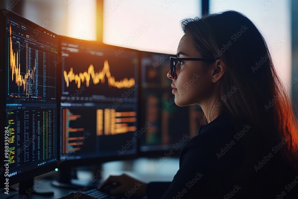 Focused woman working at a computer with multiple screens displaying data and code in a dimly lit room, representing technology and programming Focused woman working at a computer with multiple screens displaying data and code in a dimly lit room, representing technology and programming