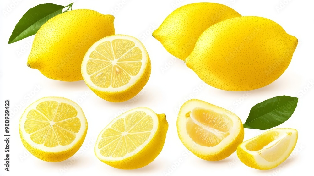 Fresh yellow lemons, whole and sliced, showcasing vibrant color and juicy texture, perfect for culinary or beverage use. Fresh yellow lemons, whole and sliced, showcasing vibrant color and juicy texture, perfect for culinary or beverage use.