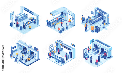 Airport terminal passenger custom checkpoint security control isometric vector set. Tourists people journeyers with suitcase departure waiting, luggage conveyor bag item examination isolated art