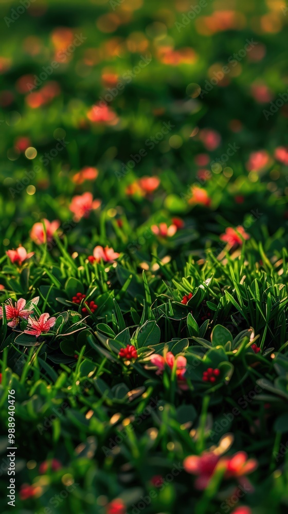 Bright green turf with pinkish-red blossoms, highlighted by the warm evening light Bright green turf with pinkish-red blossoms, highlighted by the warm evening light