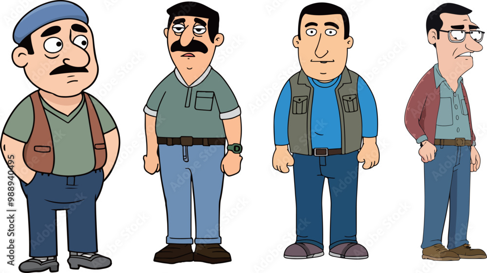Four cartoon men with distinct outfits Four cartoon men with distinct outfits