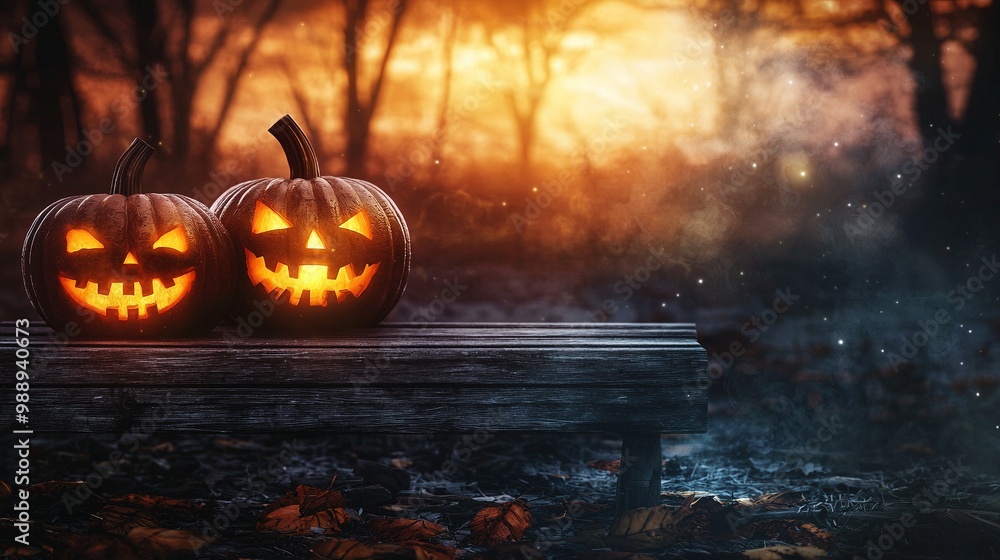 A mysterious sunset over a dark forest reveals the sinister glowing eyes of Jack O' Lanterns beside a weathered wooden bench on a frightful Halloween evening A mysterious sunset over a dark forest reveals the sinister glowing eyes of Jack O' Lanterns beside a weathered wooden bench on a frightful Halloween evening