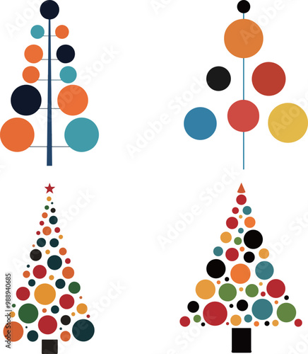 Set of minimalist Christmas trees with ornaments