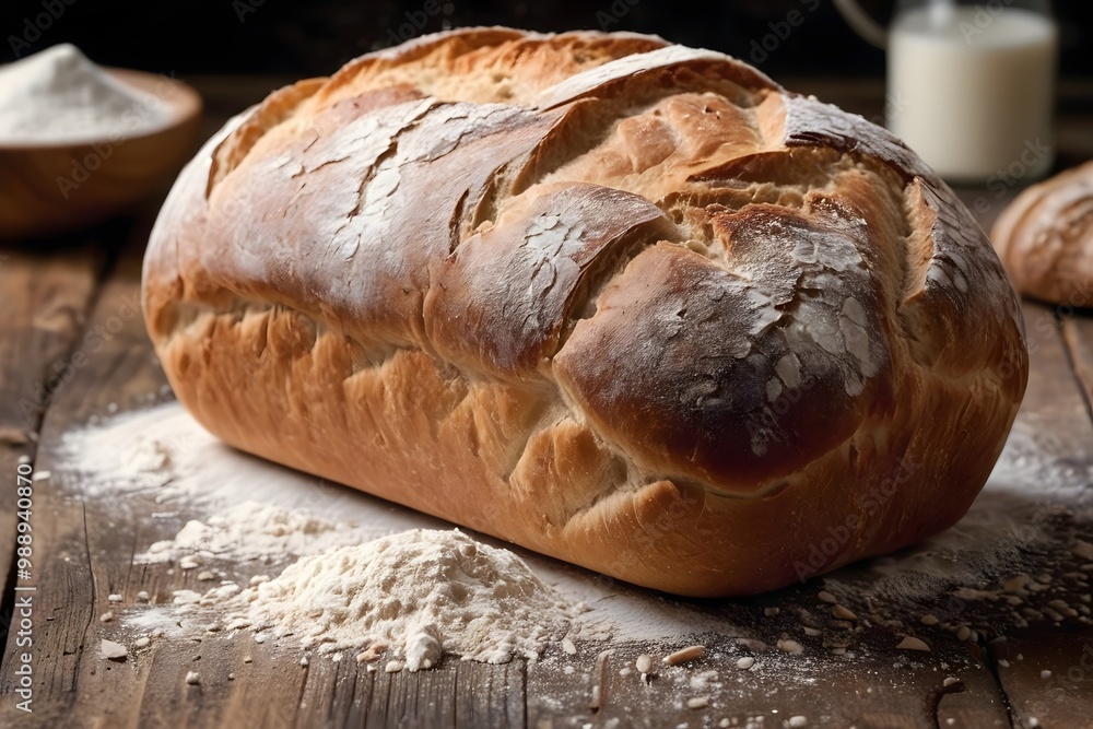 Freshly baked loaf of bread on a rustic wooden table, with flour scattered around Freshly baked loaf of bread on a rustic wooden table, with flour scattered around
