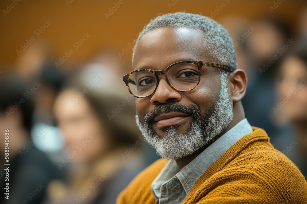 Mature black man attending educational seminar in lecture hall and looking at camera, Generative AI Mature black man attending educational seminar in lecture hall and looking at camera, Generative AI
