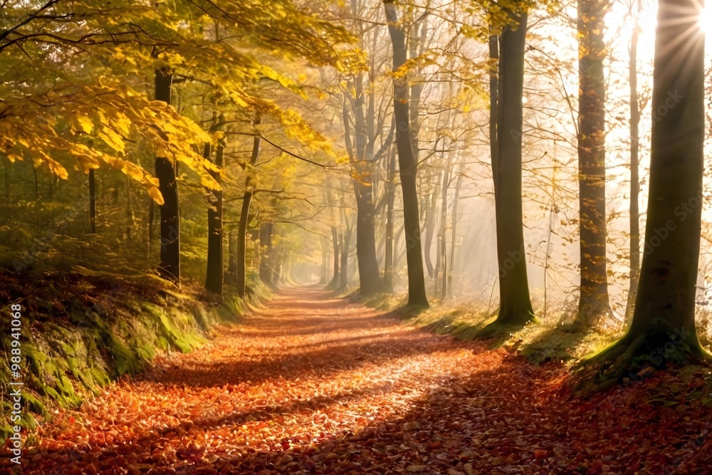 Fototapeta premium Peaceful forest trail covered in fallen autumn leaves, with soft sunlight filtering through the trees