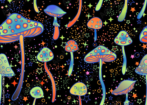 Magic mushrooms and stars seamless pattern. Psychedelic hallucination. 60s hippie colorful art. Vintage psychedelic textile, fabric, wrapping, wallpaper. Vector repeating illustration.