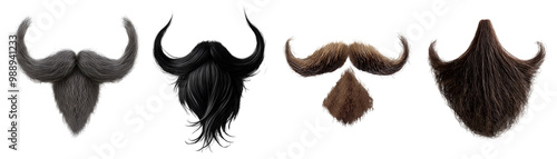 Collection Set of mustache moustache with beard goatee on transparent cutout PNG file. Many different style. Mockup template for artwork design

