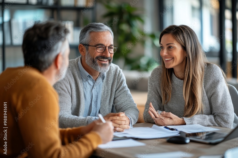 Happy couple talking to their financial advisor on meeting in office, Generative AI Happy couple talking to their financial advisor on meeting in office, Generative AI