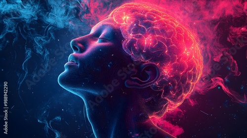 Portrait of a human with augmented brain activity, neural circuits visible, mixed media style, blending hand-drawn and digital art, holographic effects, pastel and neon mix