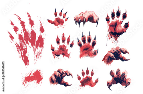 Animal claws color ink sketch vector set. Predator paw tiger puma jaguar lion talon bear sharped nails slashes shred bloody furrow damages brutal gashes scratches, isolated illustrations