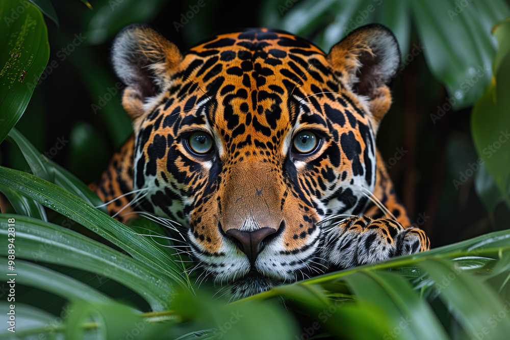 Obraz premium Leopard peering through leaves, close up portrait. Intense eyes and spotted fur visible. Endangered big cat in habitat. Wildlife conservation, protecting threatened species in natural ecosystems