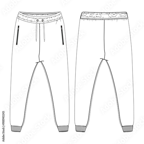 Fleece fabric Jogger Sweatpants overall technical fashion flat sketch vector illustration template front, back views. Apparel Clothing Design Mock up Cad.
