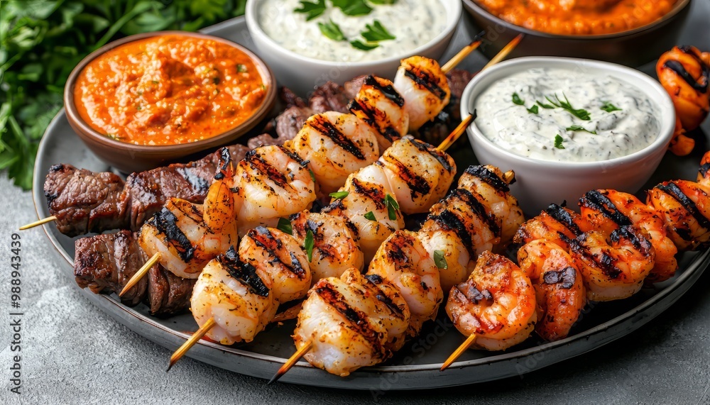 Succulent grilled skewers featuring shrimp, chicken, and beef, served with vibrant dipping sauces, perfect for a delightful feast. Succulent grilled skewers featuring shrimp, chicken, and beef, served with vibrant dipping sauces, perfect for a delightful feast.