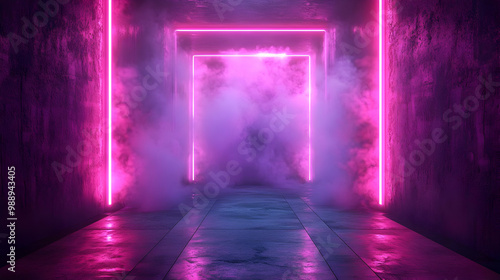 Neon Lights and Smoke in an Empty Corridor - 3D Illustration