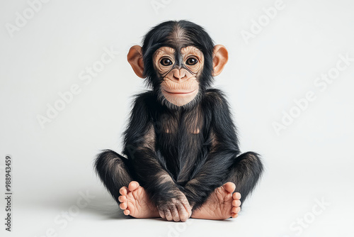 A photo of a young chimpanzee. The monkey is sitting on the floor and looking at the camera on an isolated white background..