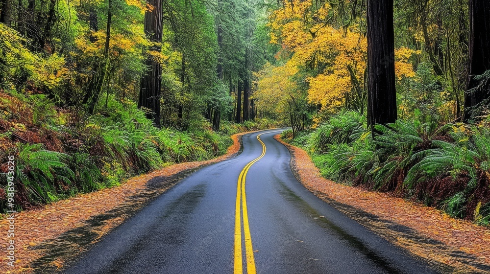 Fototapeta premium Scenic Road Through the Majestic Redwood National Forest Surrounded by Towering Trees