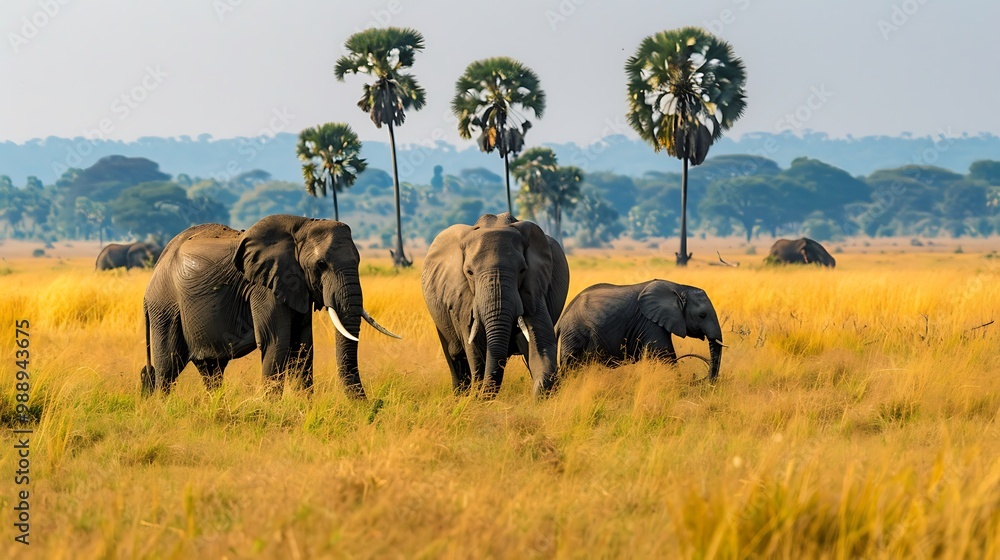 Obraz premium Elephants walking through the tall grass of the African savanna, with palm trees in the background.