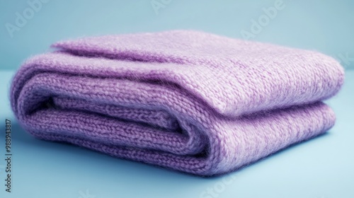 Neatly Folded Pastel Lavender Wool Blanket on Soft Light Blue Background